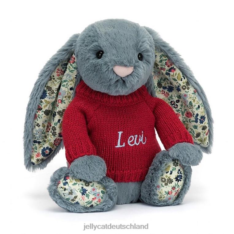 Jellycat Blossom düsterer Hase mit personalisiertem roten Pullover blau Spielzeug Z8424474