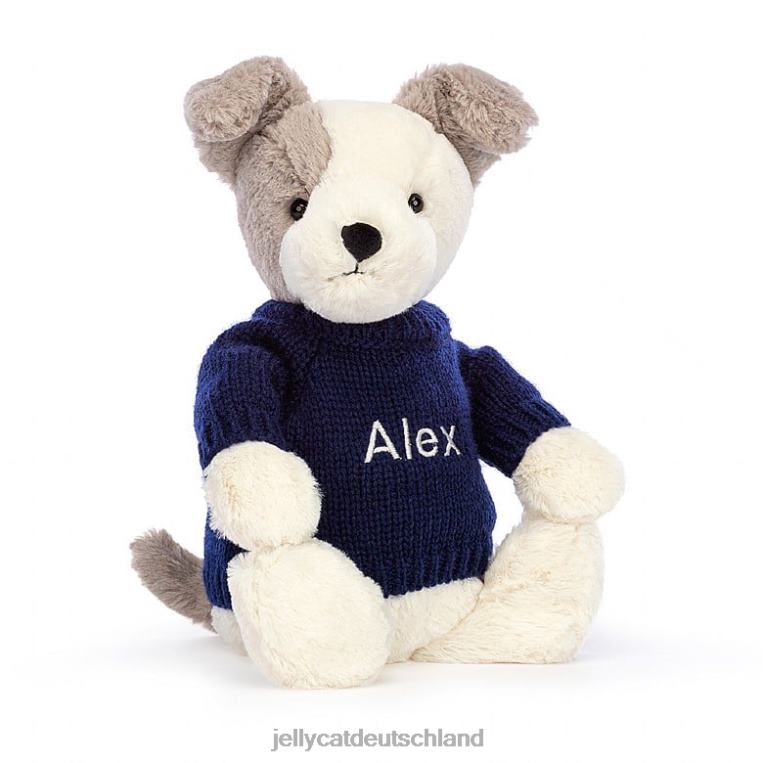 Jellycat schüchterner Terrier mit personalisiertem marineblauem Pullover in Grau und Weiß Spielzeug Z8424516