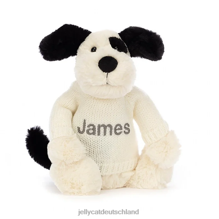 Jellycat schüchterner schwarz-cremefarbener Welpe mit personalisiertem cremefarbenen Pullover in Schwarz und Weiß Spielzeug Z8424256