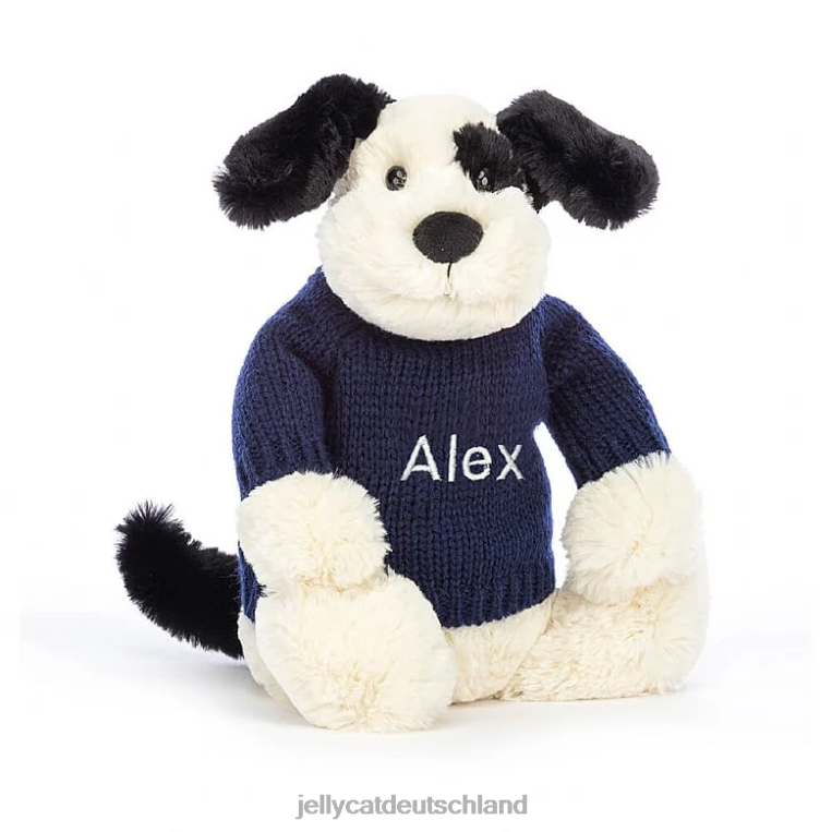 Jellycat schüchterner schwarz-cremefarbener Welpe mit personalisiertem marineblauem Pullover in Schwarz und Weiß Spielzeug Z8424282