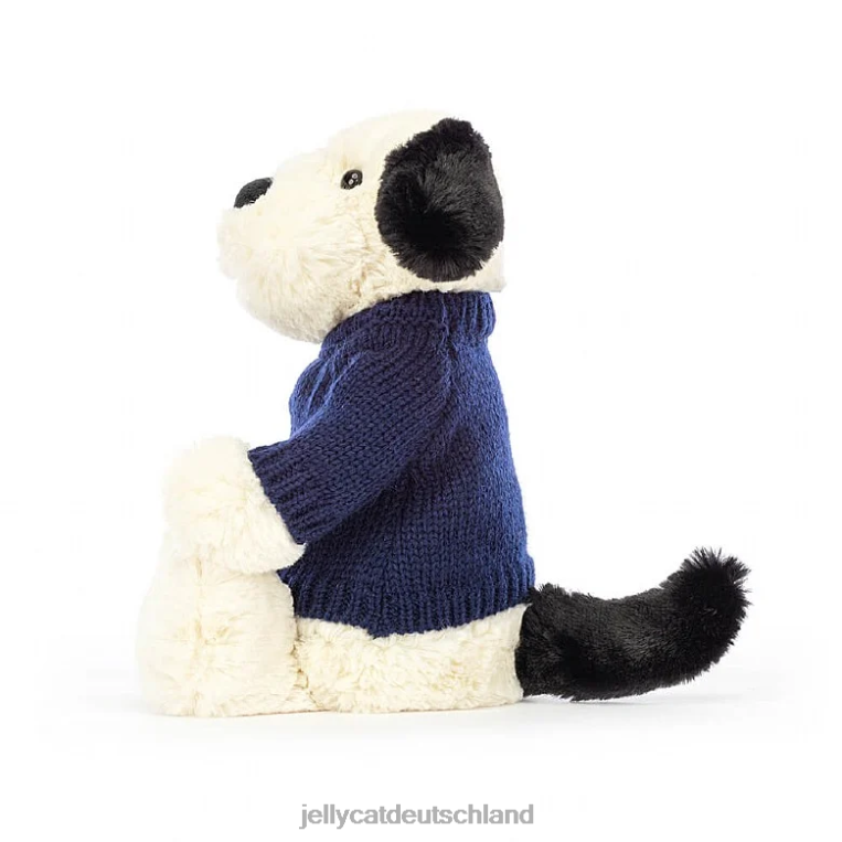 Jellycat schüchterner schwarz-cremefarbener Welpe mit personalisiertem marineblauem Pullover in Schwarz und Weiß Spielzeug Z8424282