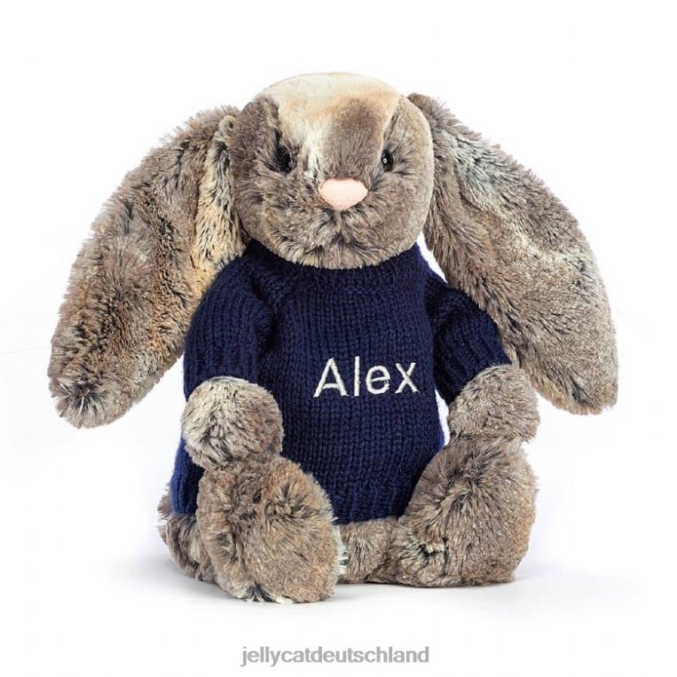 Jellycat schüchterner Baumwollschwanzhase mit personalisiertem marineblauem Pullover in Grau Spielzeug Z8424397
