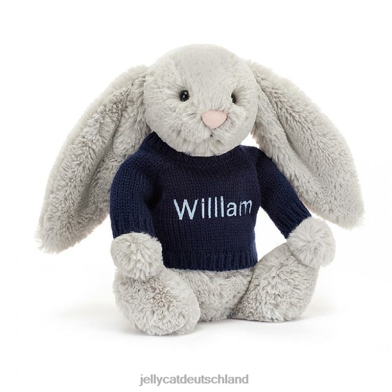 Jellycat schüchterner Hase mit personalisiertem marineblauem Pullover in Silber Spielzeug Z8424345