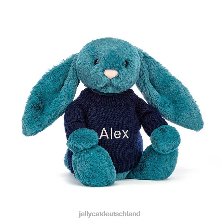 Jellycat schüchterner mineralblauer Hase mit personalisiertem marineblauem Pullover in Kolbaltblau Spielzeug Z8424316
