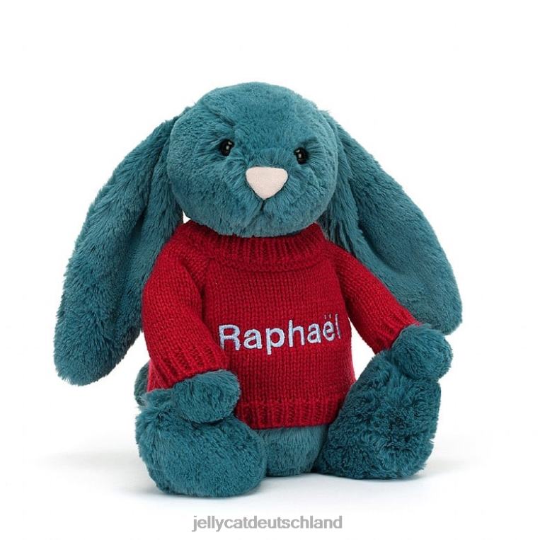 Jellycat schüchterner mineralblauer Hase mit personalisiertem roten Pullover in Colbaltblau Spielzeug Z8424415