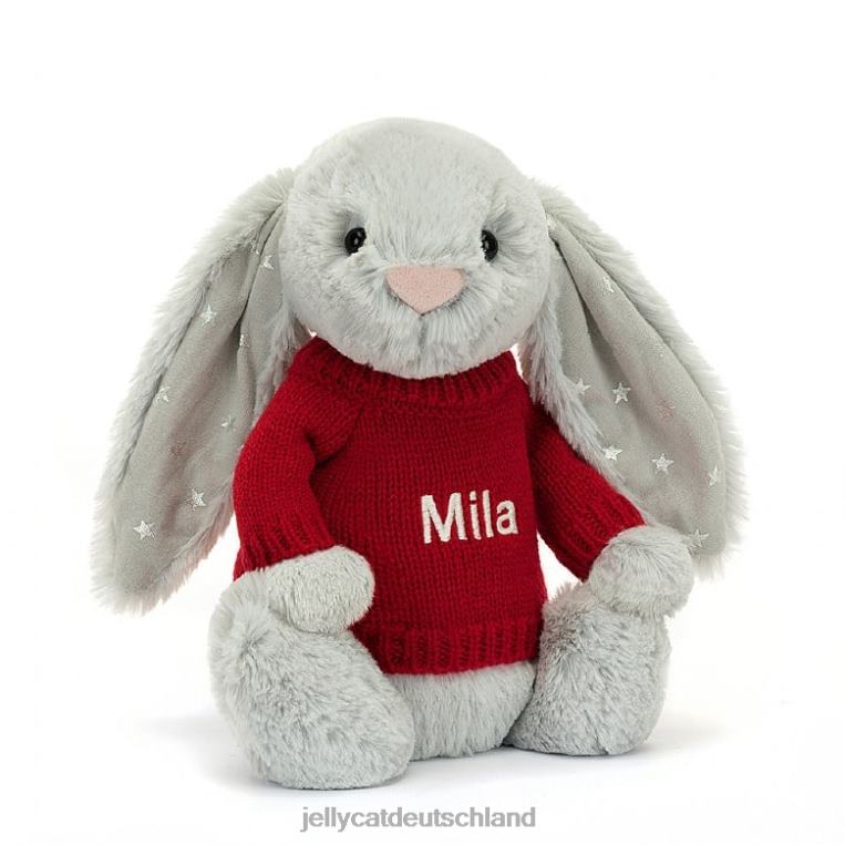 Jellycat schüchterner, schimmernder Hase mit personalisiertem roten Pullover in Grau Spielzeug Z8424416